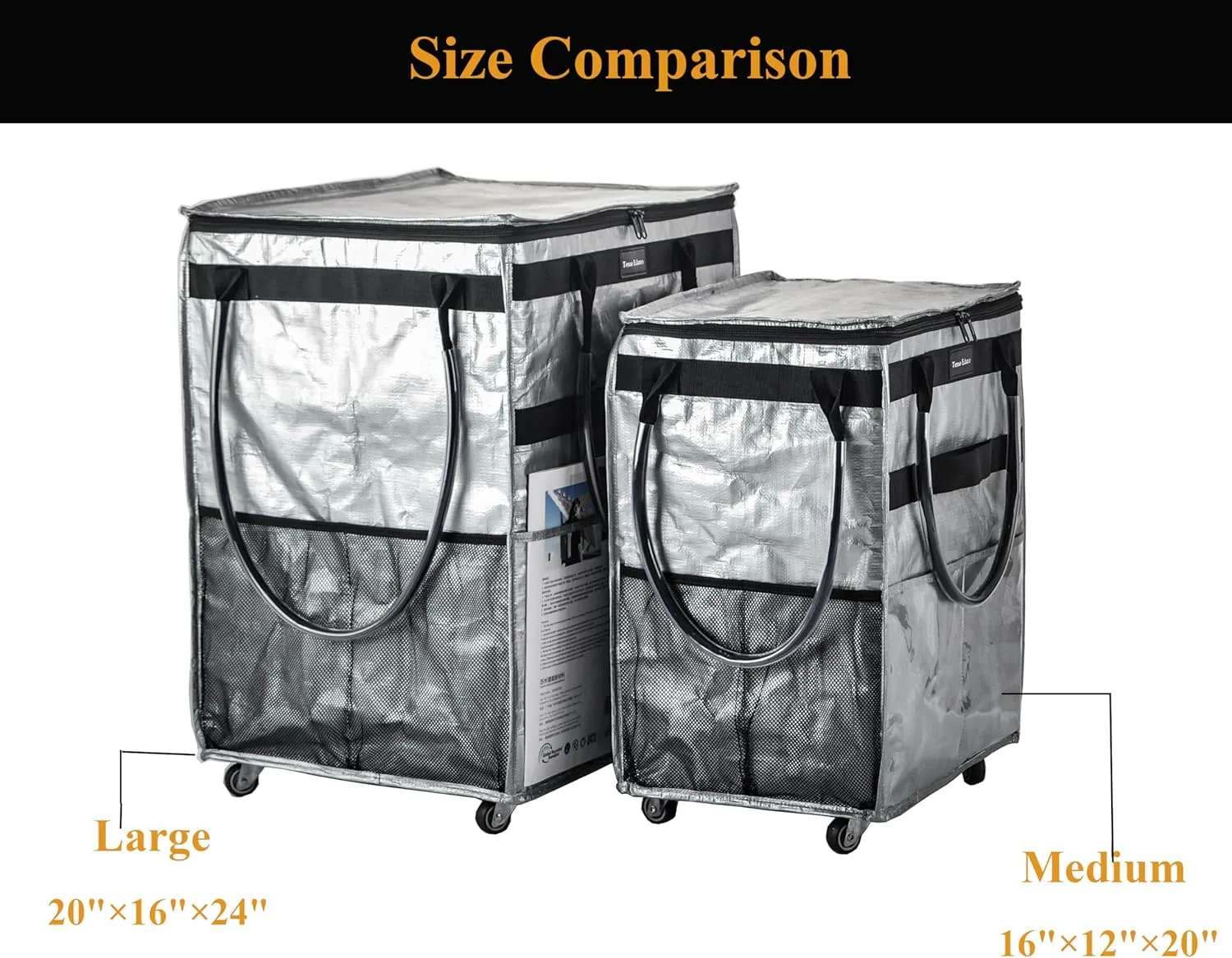Reusable Grocery Bag On Wheels Large Capacity Shopping Trolley Foldable Rolling Tote with Outside Pocket, Heavy Duty Handle (Silver, Large)