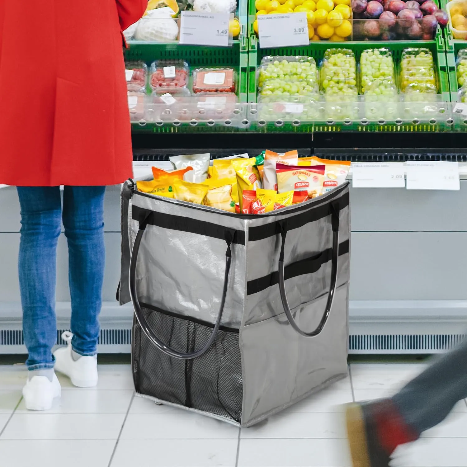 Reusable Grocery Bag On Wheels Large Capacity Shopping Trolley Foldable Rolling Tote with Outside Pocket, Heavy Duty Handle (Silver, Large)