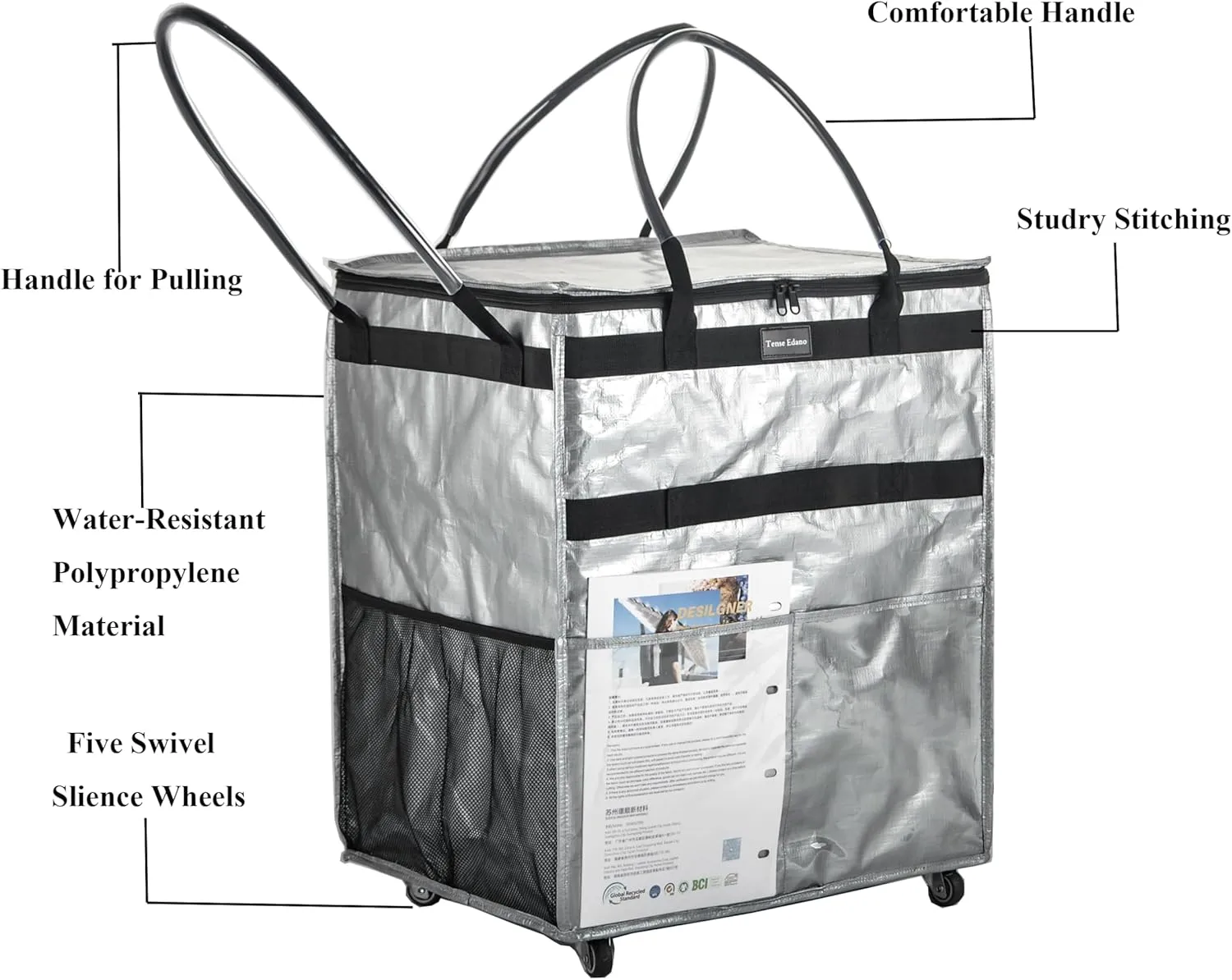 Reusable Grocery Bag On Wheels Large Capacity Shopping Trolley Foldable Rolling Tote with Outside Pocket, Heavy Duty Handle (Silver, Large)