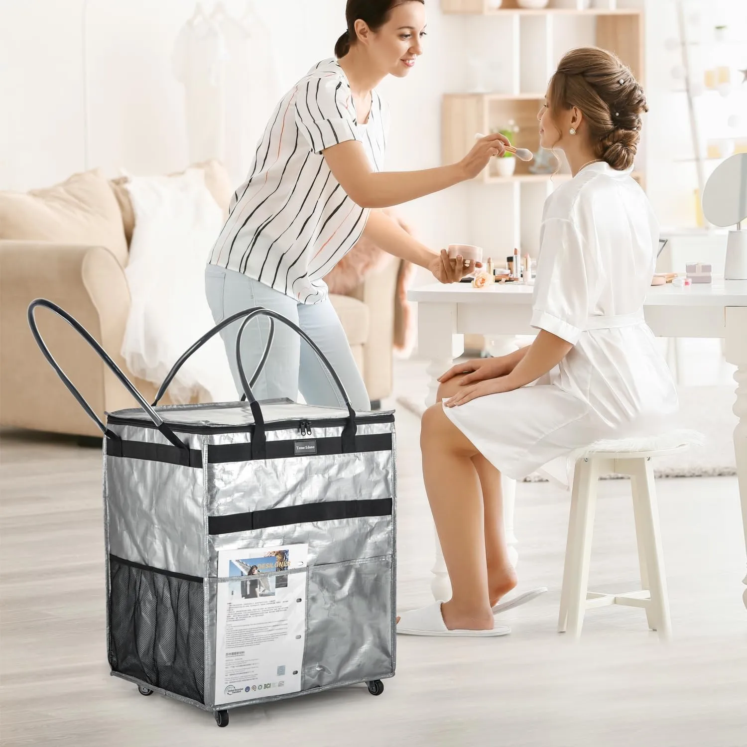 Reusable Grocery Bag On Wheels Large Capacity Shopping Trolley Foldable Rolling Tote with Outside Pocket, Heavy Duty Handle (Silver, Large)
