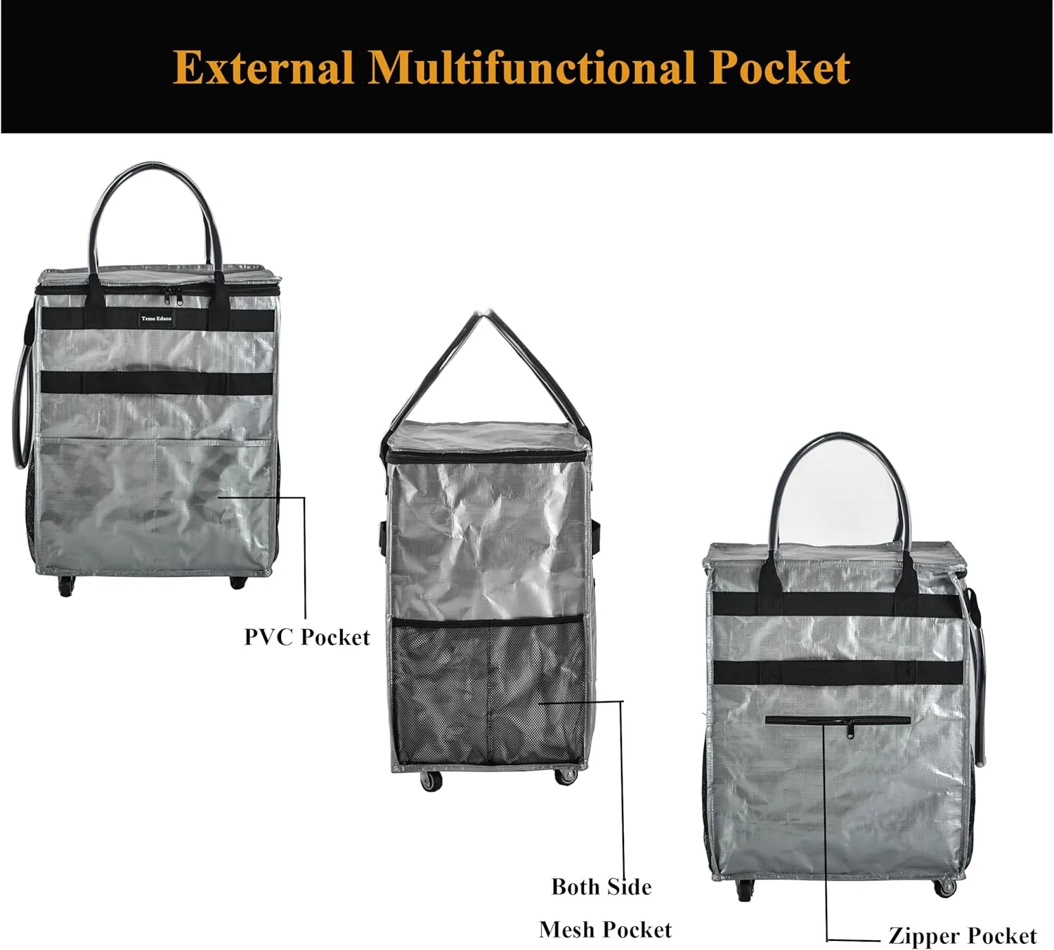 Reusable Grocery Bag On Wheels Large Capacity Shopping Trolley Foldable Rolling Tote with Outside Pocket, Heavy Duty Handle (Silver, Large)