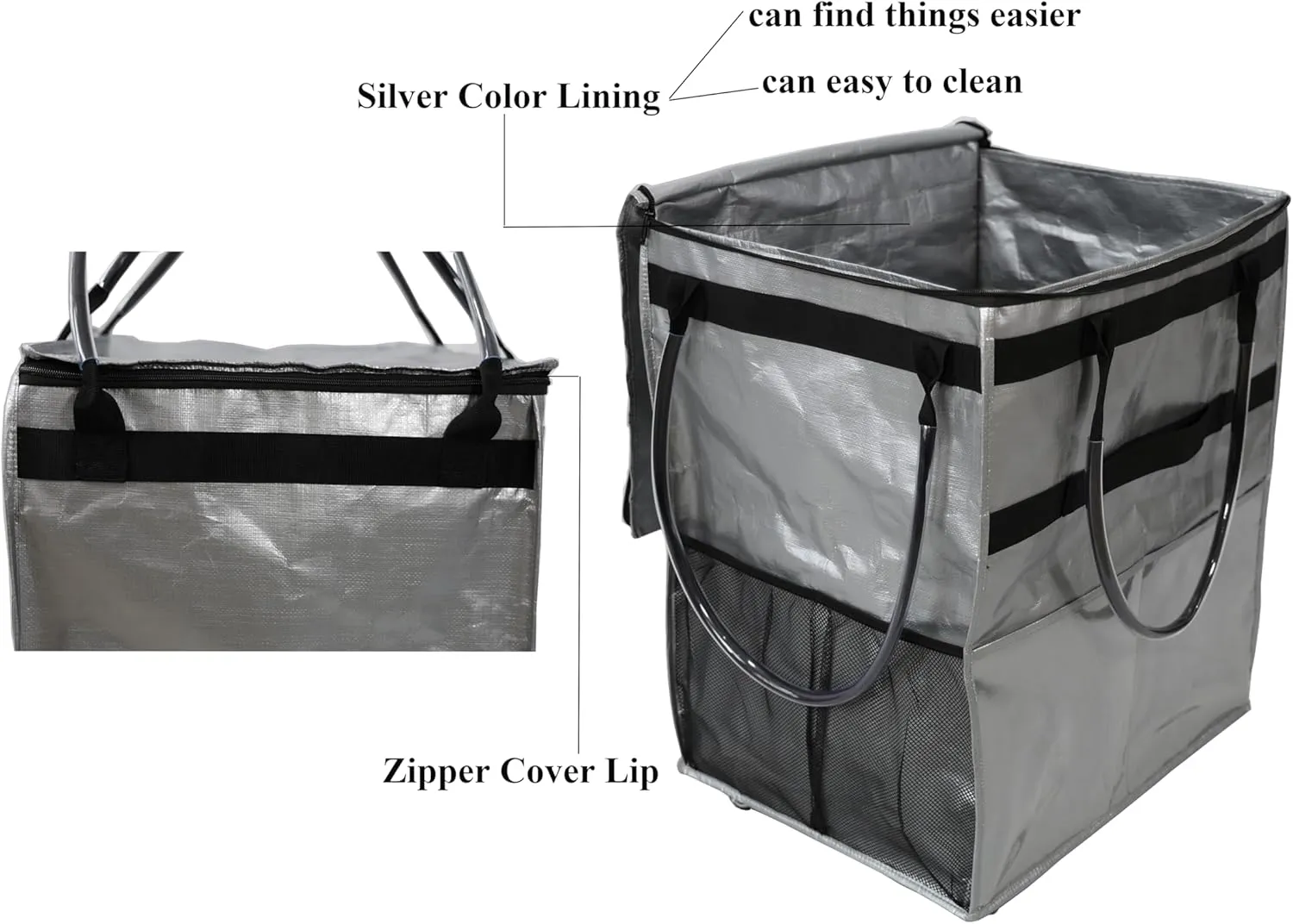 Reusable Grocery Bag On Wheels Large Capacity Shopping Trolley Foldable Rolling Tote with Outside Pocket, Heavy Duty Handle (Silver, Large)