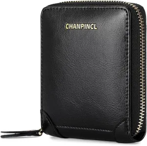 RFID Wallets for women Genuine Leather Zipper Purses Secure Large Capacity Multi-card Clutch colourful Travel Wallets (Black)