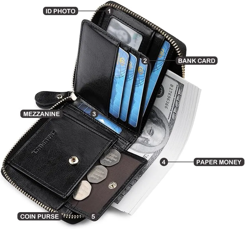 RFID Wallets for women Genuine Leather Zipper Purses Secure Large Capacity Multi-card Clutch colourful Travel Wallets (Black)
