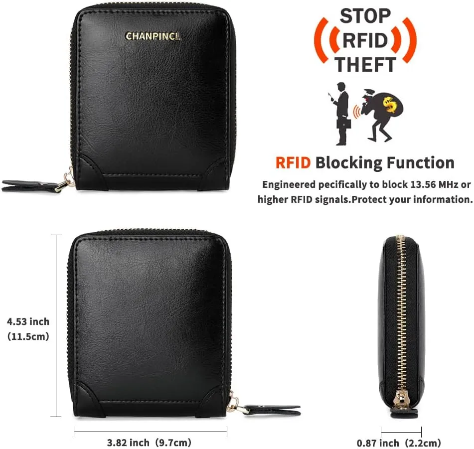 RFID Wallets for women Genuine Leather Zipper Purses Secure Large Capacity Multi-card Clutch colourful Travel Wallets (Black)