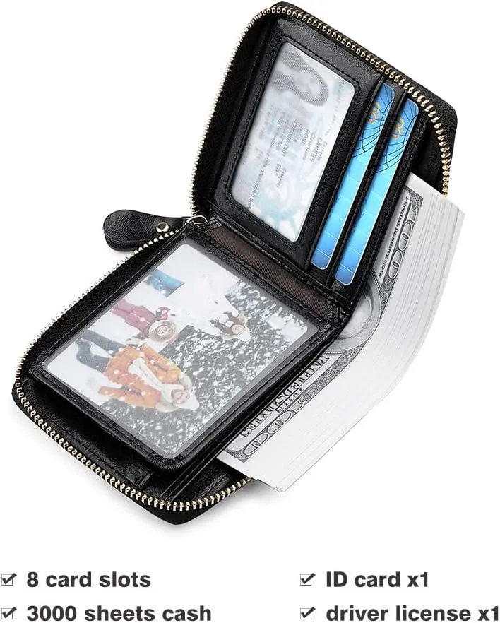 RFID Wallets for women Genuine Leather Zipper Purses Secure Large Capacity Multi-card Clutch colourful Travel Wallets (Black)