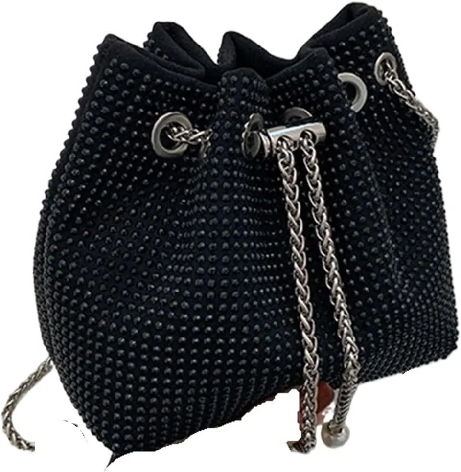Rhinestone Bags Bright Rhinestone Shoulder Bag Women Chains Crossbody Bag Drawstring Bucket Handbag Lady Armpit Handbag Daily Totes(Black)