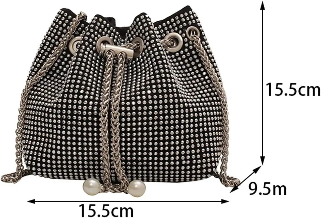 Rhinestone Bags Bright Rhinestone Shoulder Bag Women Chains Crossbody Bag Drawstring Bucket Handbag Lady Armpit Handbag Daily Totes(Black)