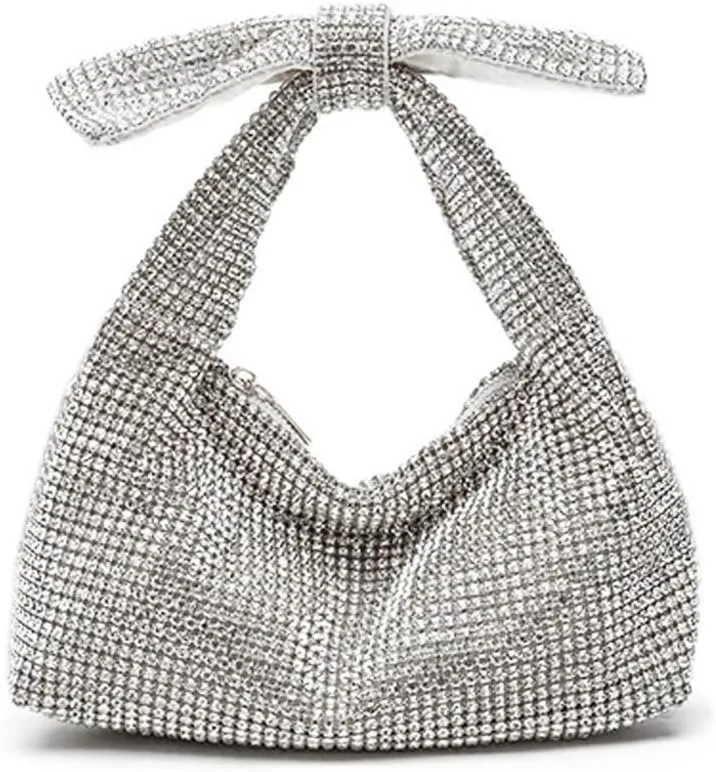 Rhinestone Bow Purse Sparkly Evening Bag Silver Clutch Purses for Women Glitter Evening Handbag for Wedding Party Prom