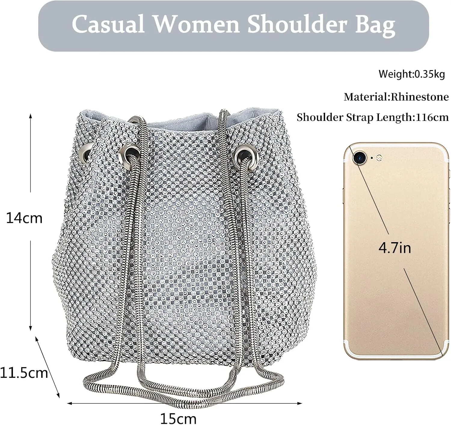 Rhinestone Evening Bag for Women Crystal Bucket Purse Sparkly Clutch Glitter Handbag Bling Wedding Shoulder Bag