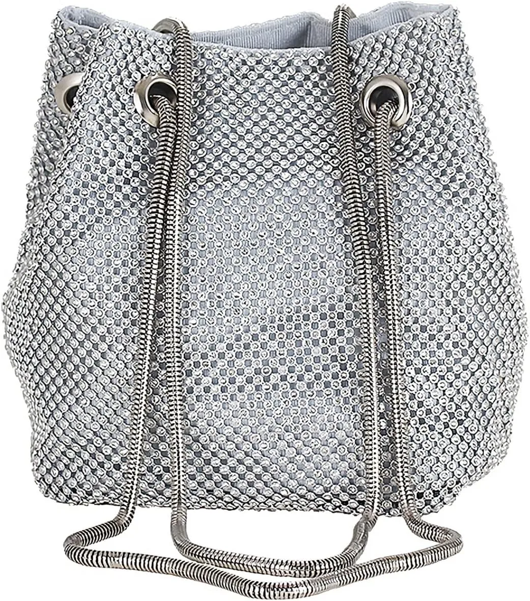 Rhinestone Evening Bag for Women Crystal Bucket Purse Sparkly Clutch Glitter Handbag Bling Wedding Shoulder Bag
