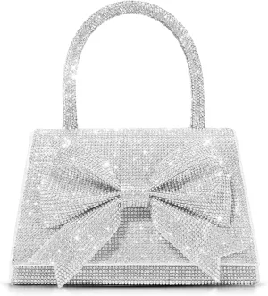Rhinestone Evening Bag, Handbag for Women, Small Tote Bag, Bow Tie Crossbody Bag for Wedding, Prom, Parties(Silver)