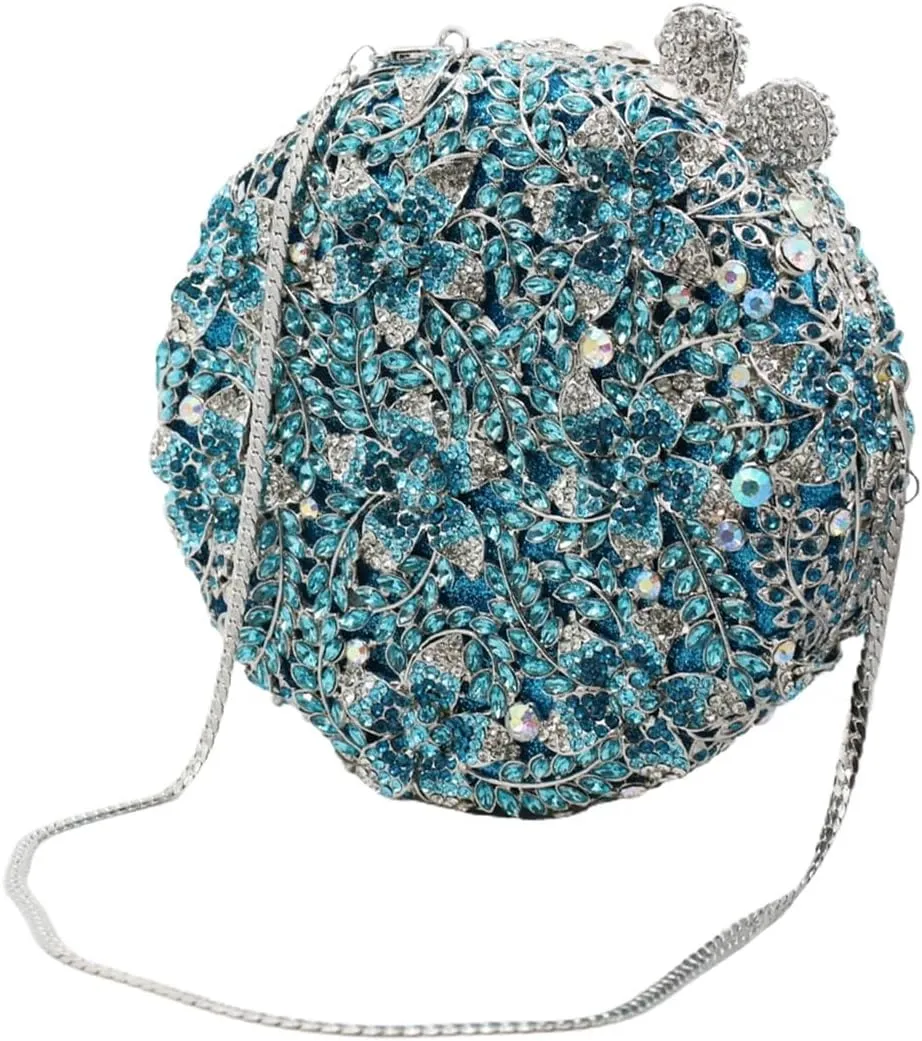 Rhinestone Evening Clutch for Women Flower Full Diamond Round Handbag Gorgeous Shining Shoulder Ball Banquet Bag