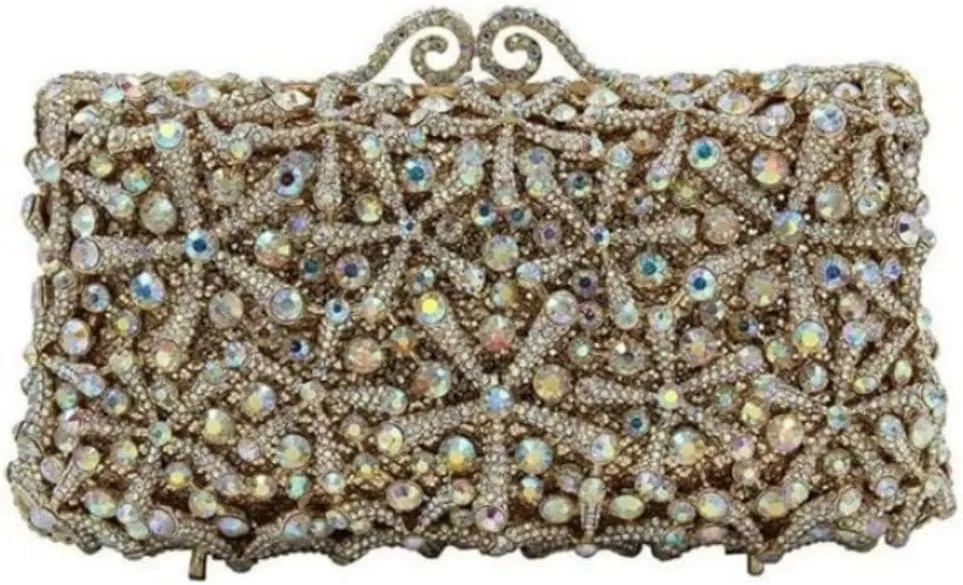 Rhinestone Flower Clutch for Women Sparkling Starfish Glowing Handbag Dazzling Party Banquet Crossbody Purse