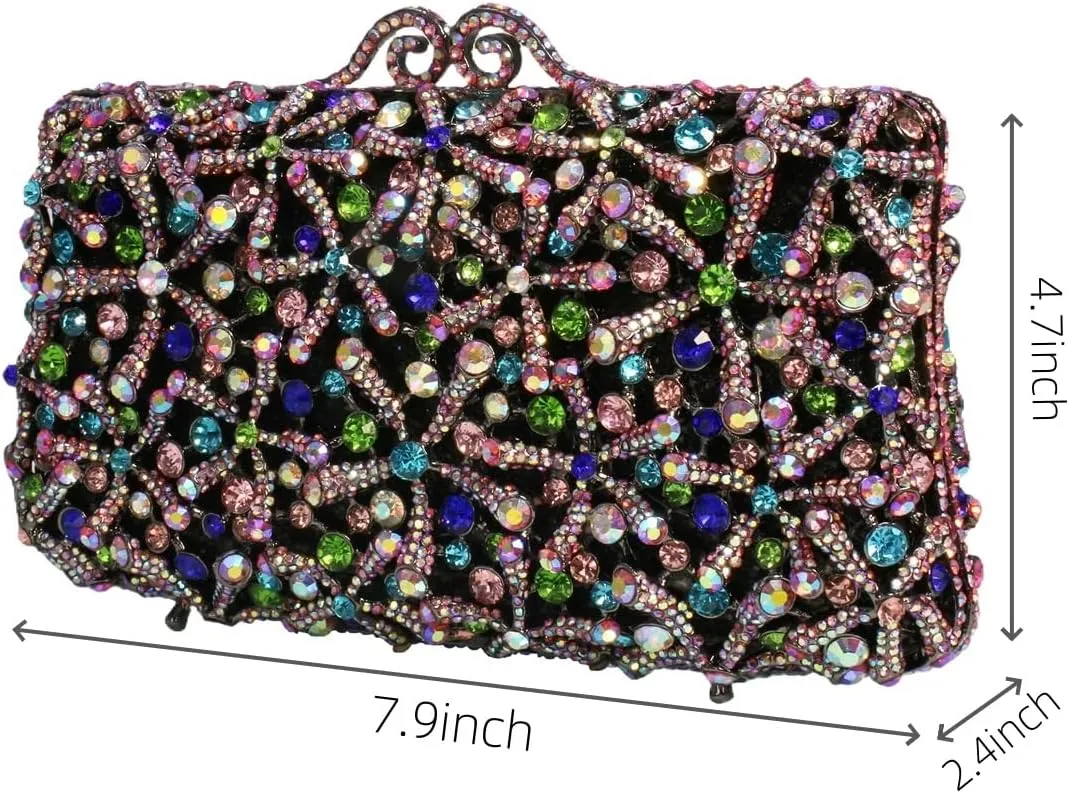 Rhinestone Flower Clutch for Women Sparkling Starfish Glowing Handbag Dazzling Party Banquet Crossbody Purse