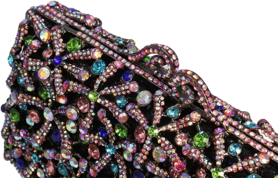 Rhinestone Flower Clutch for Women Sparkling Starfish Glowing Handbag Dazzling Party Banquet Crossbody Purse