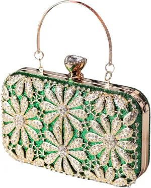 Rhinestone Flower Evening Bag for Women Sparkly Sequin Purse Crystal Clutch Bag Bridal Wedding Handbag Shoulder Bag