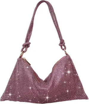 Rhinestone Purse Silver Hobo Purse Sparkly Black Evening Bag for Women Prom Party Wedding