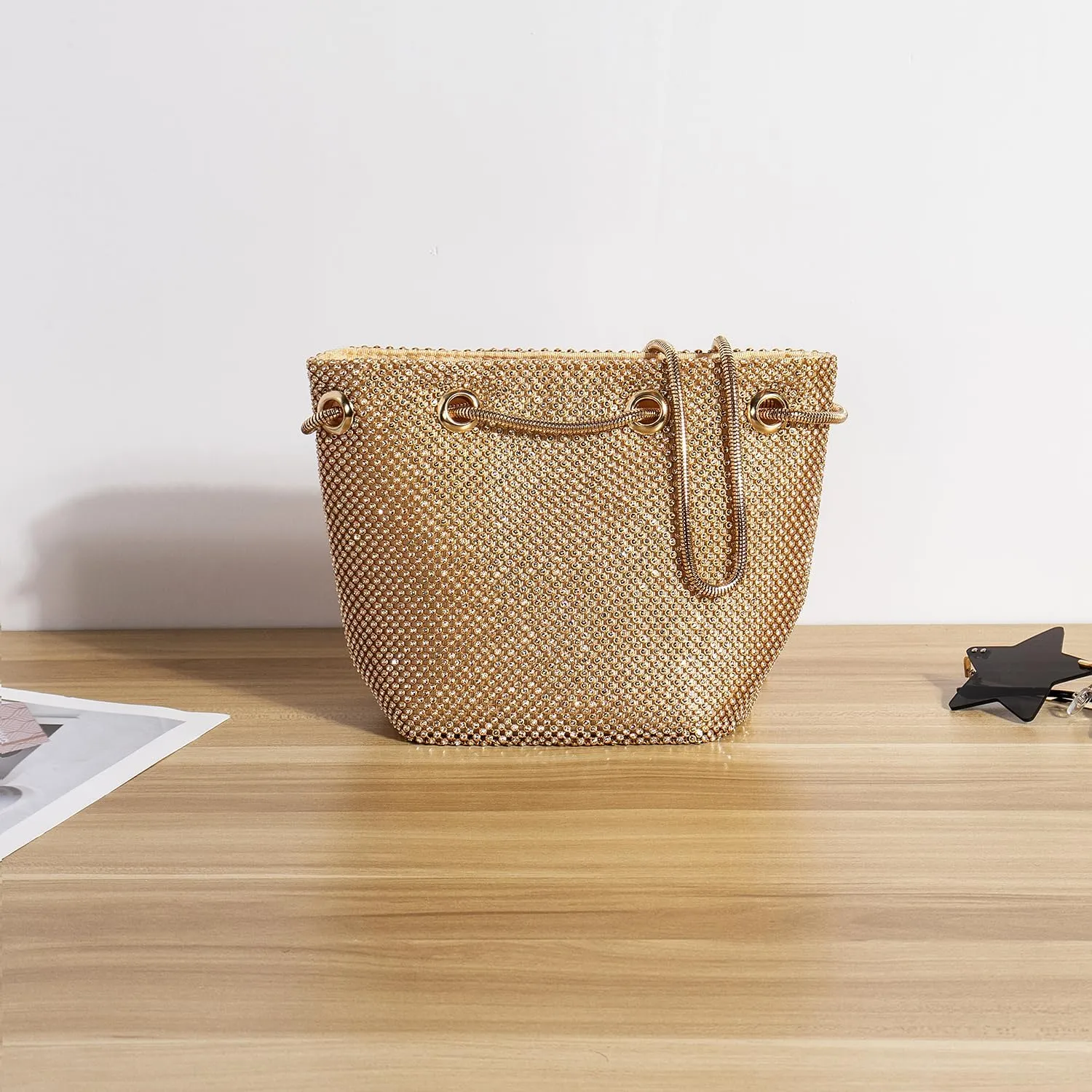 Rhinestones Bucket Bag Women Evening Party Clutch Bag Crossbody Shoulder Purse with Detachable Chain Strap