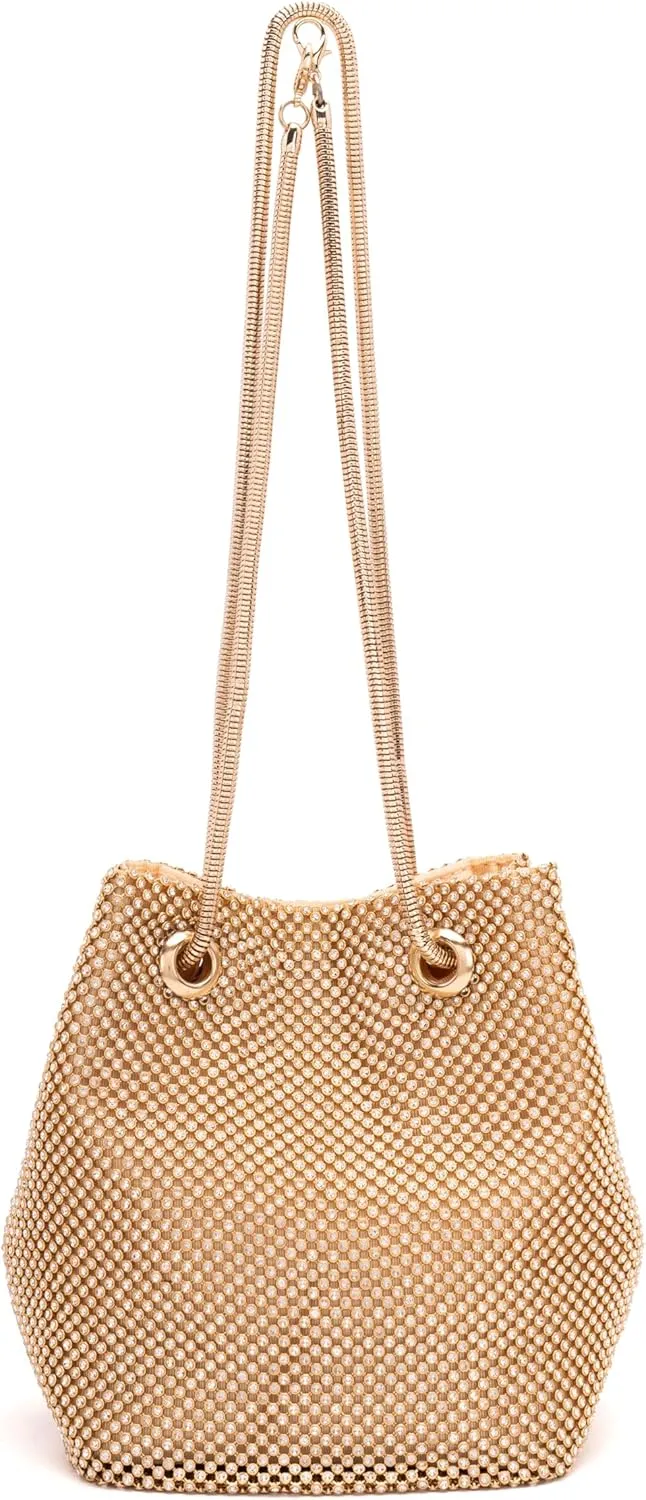 Rhinestones Bucket Bag Women Evening Party Clutch Bag Crossbody Shoulder Purse with Detachable Chain Strap