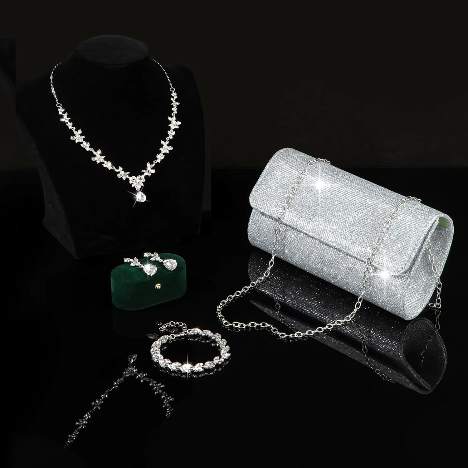 RIOSO 4Pcs Silver Jewelry Set for Women Evening Rhinestone Sparkly Clutch Purse Bag Necklace Earrings Bracelet Silver Formal Prom Costume Sets for Women Bride Wedding Jewelry
