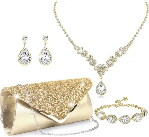 RIOSO 4Pcs Silver Jewelry Set for Women Evening Rhinestone Sparkly Clutch Purse Bag Necklace Earrings Bracelet Silver Formal Prom Costume Sets for Women Bride Wedding Jewelry