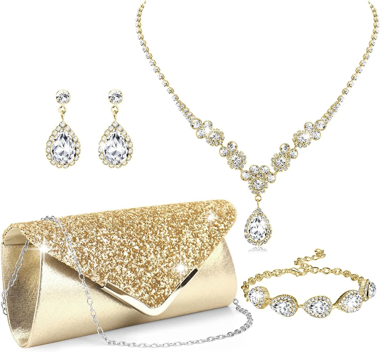 RIOSO 4Pcs Silver Jewelry Set for Women Evening Rhinestone Sparkly Clutch Purse Bag Necklace Earrings Bracelet Silver Formal Prom Costume Sets for Women Bride Wedding Jewelry
