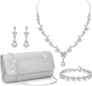 RIOSO 4Pcs Silver Jewelry Set for Women Evening Rhinestone Sparkly Clutch Purse Bag Necklace Earrings Bracelet Silver Formal Prom Costume Sets for Women Bride Wedding Jewelry
