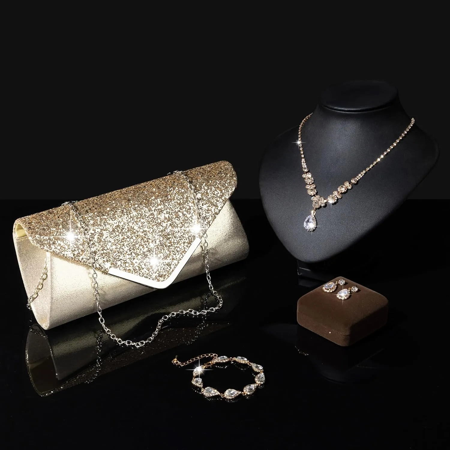 RIOSO 4Pcs Silver Jewelry Set for Women Evening Rhinestone Sparkly Clutch Purse Bag Necklace Earrings Bracelet Silver Formal Prom Costume Sets for Women Bride Wedding Jewelry