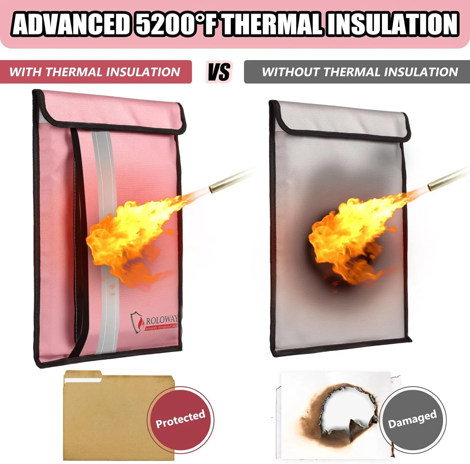ROLOWAY Fireproof Document Bag (15.5 x 11.5 inch) with 2 Pockets and 5200℉ Aluminum Foil Layer, Fireproof Bag for Document Safe Fireproof Waterproof Document Bag, Fireproof Money Bag (Pink)