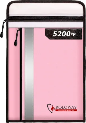 ROLOWAY Fireproof Document Bag (15.5 x 11.5 inch) with 2 Pockets and 5200℉ Aluminum Foil Layer, Fireproof Bag for Document Safe Fireproof Waterproof Document Bag, Fireproof Money Bag (Pink)