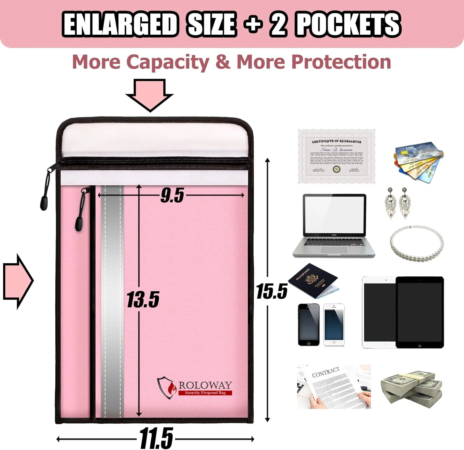 ROLOWAY Fireproof Document Bag (15.5 x 11.5 inch) with 2 Pockets and 5200℉ Aluminum Foil Layer, Fireproof Bag for Document Safe Fireproof Waterproof Document Bag, Fireproof Money Bag (Pink)