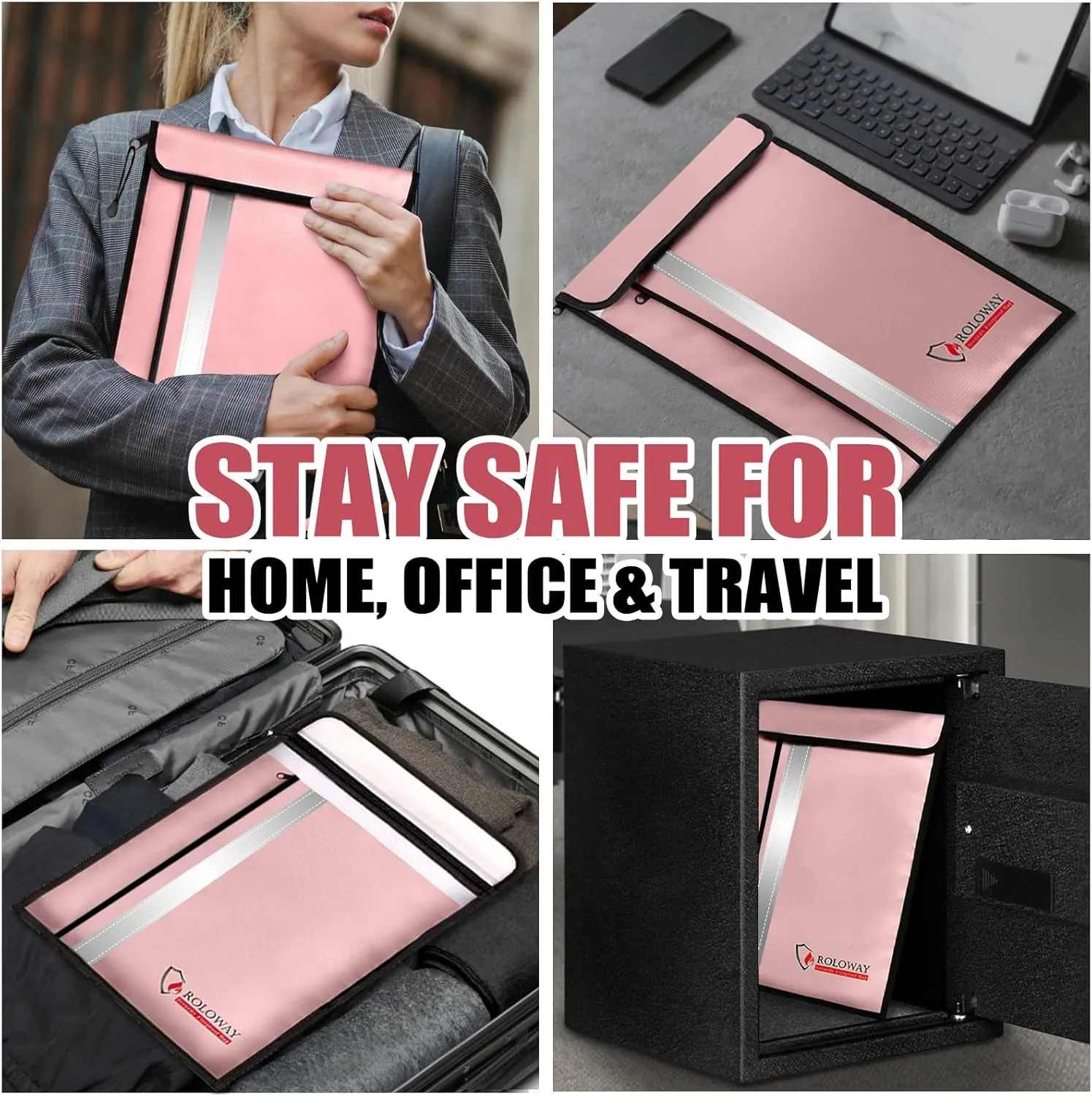 ROLOWAY Fireproof Document Bag (15.5 x 11.5 inch) with 2 Pockets and 5200℉ Aluminum Foil Layer, Fireproof Bag for Document Safe Fireproof Waterproof Document Bag, Fireproof Money Bag (Pink)