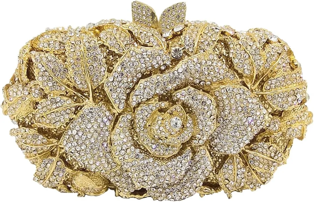 Rose Flower Crystal Purses Sparkly Rhinestone Evening Clutch for Women Wedding Party Cocktail Handbags