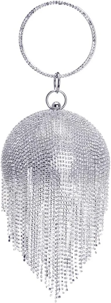 Round Ball Clutch Purse Women Crystal Evening Bag Tassel Wedding Party Handbag