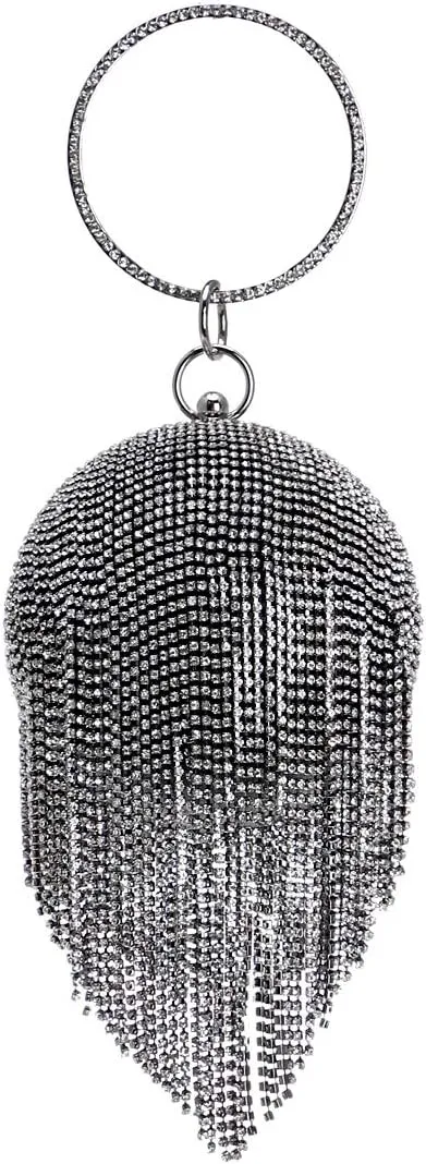 Round Ball Clutch Purse Women Crystal Evening Bag Tassel Wedding Party Handbag