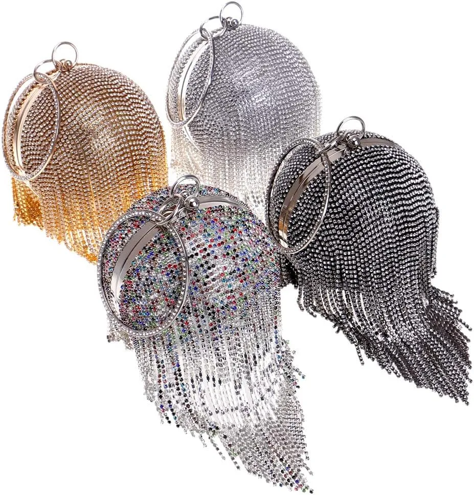 Round Ball Clutch Purse Women Crystal Evening Bag Tassel Wedding Party Handbag