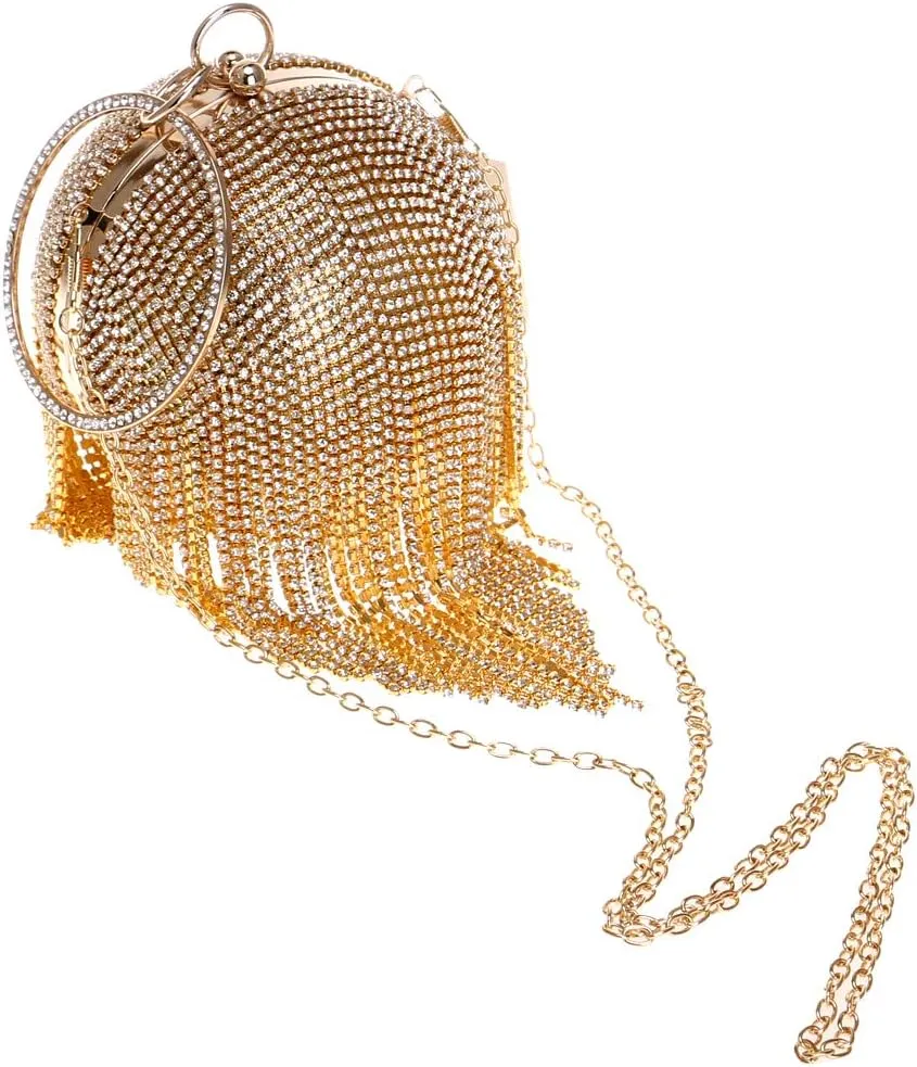 Round Ball Clutch Purse Women Crystal Evening Bag Tassel Wedding Party Handbag