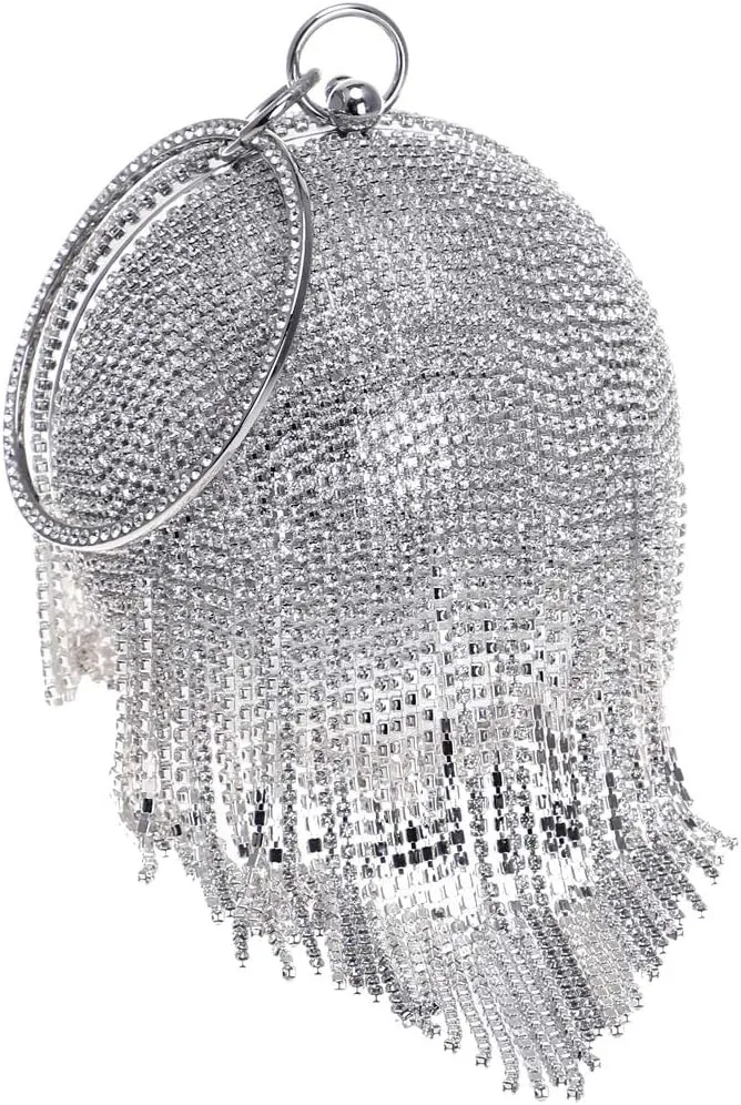 Round Ball Clutch Purse Women Crystal Evening Bag Tassel Wedding Party Handbag