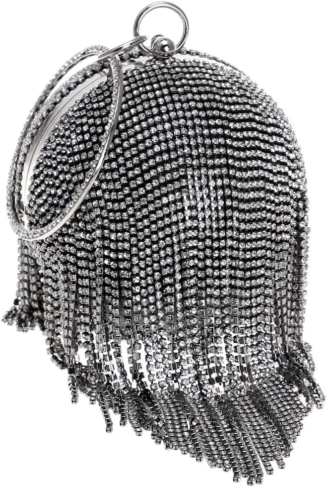 Round Ball Clutch Purse Women Crystal Evening Bag Tassel Wedding Party Handbag