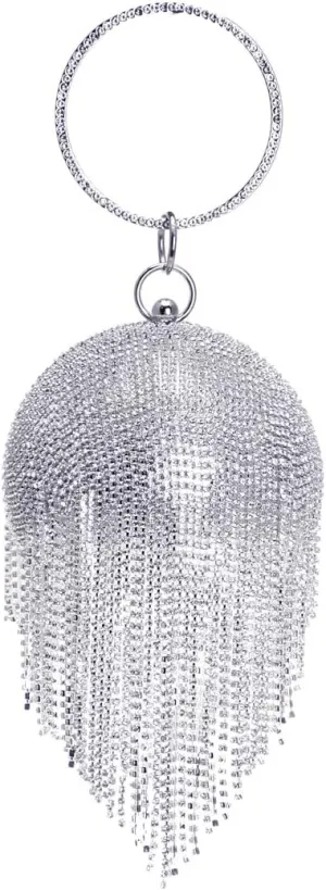 Round Ball Clutch Purse Women Crystal Evening Bag Tassel Wedding Party Handbag