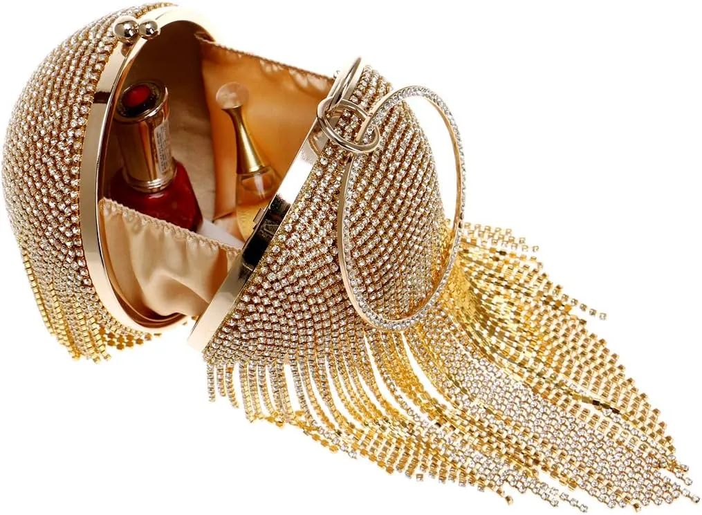 Round Ball Clutch Purse Women Crystal Evening Bag Tassel Wedding Party Handbag