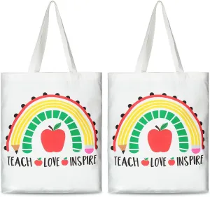 Saintrygo 2 Pack Teacher Canvas Totes Bag Teacher Appreciation Gifts Love Inspire Teach Gift Handbags Reusable(Love Teacher)