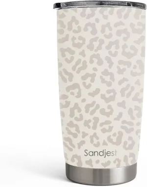 SANDJEST Leopard Print Tumbler 20oz Stainless Steel Insulated, Beige Leopard Travel Coffee Cup, Bow Gifts for Women Girls Teen, Birthday Christmas