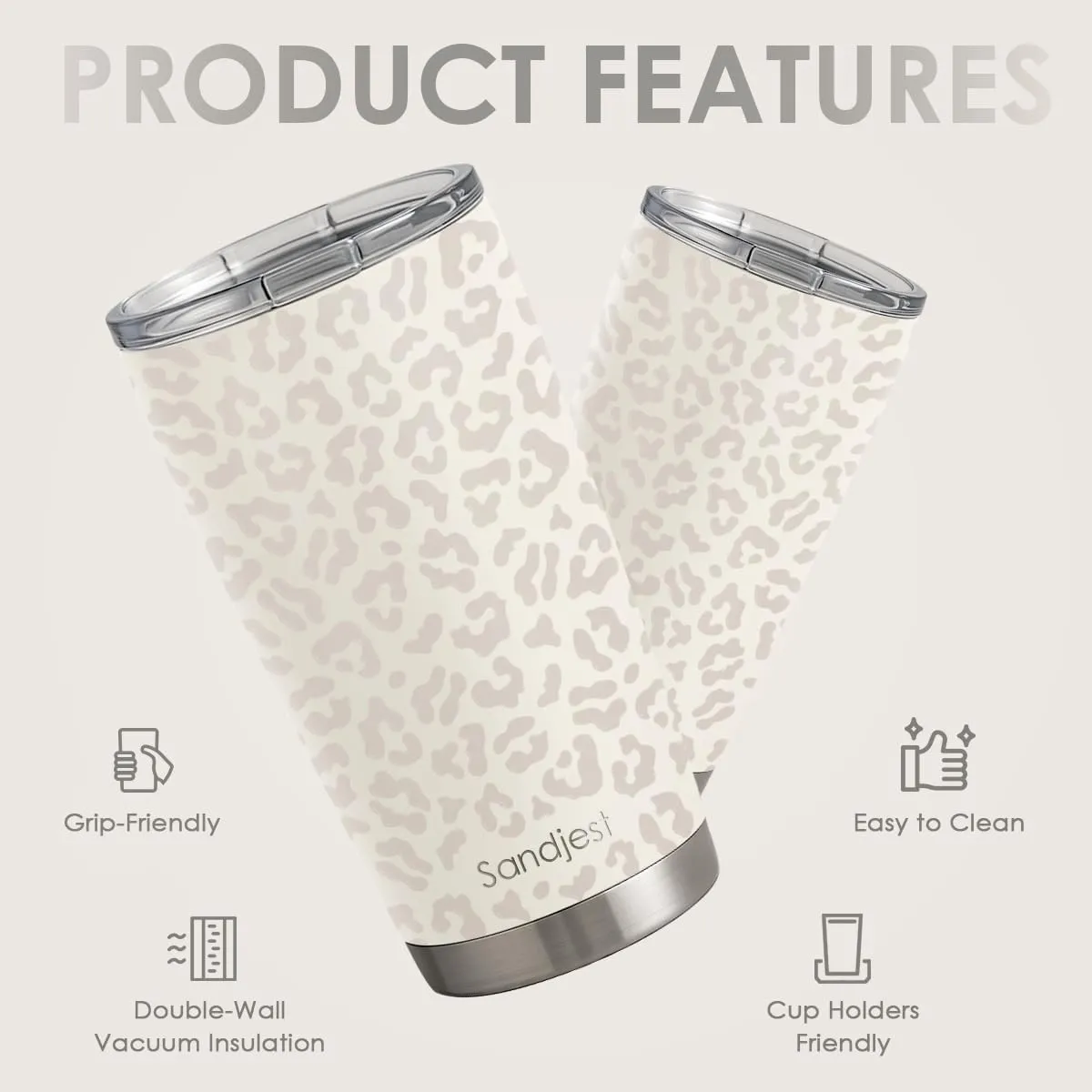 SANDJEST Leopard Print Tumbler 20oz Stainless Steel Insulated, Beige Leopard Travel Coffee Cup, Bow Gifts for Women Girls Teen, Birthday Christmas