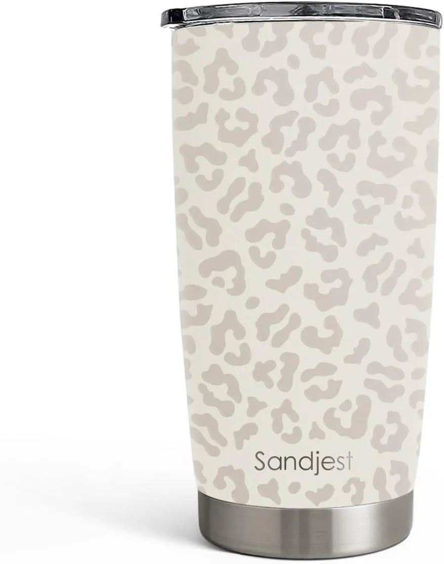 SANDJEST Leopard Print Tumbler 20oz Stainless Steel Insulated, Beige Leopard Travel Coffee Cup, Bow Gifts for Women Girls Teen, Birthday Christmas