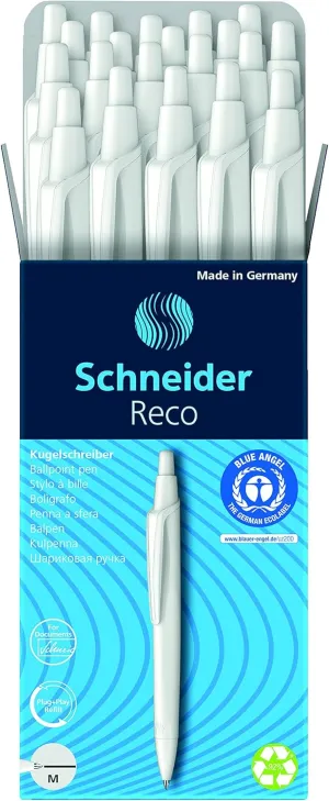Schneider Reco Ballpoint Pen, M (Medium), Refillable and Retractable, White Barrel, Box of 20 Pens, Black Ink (131849)