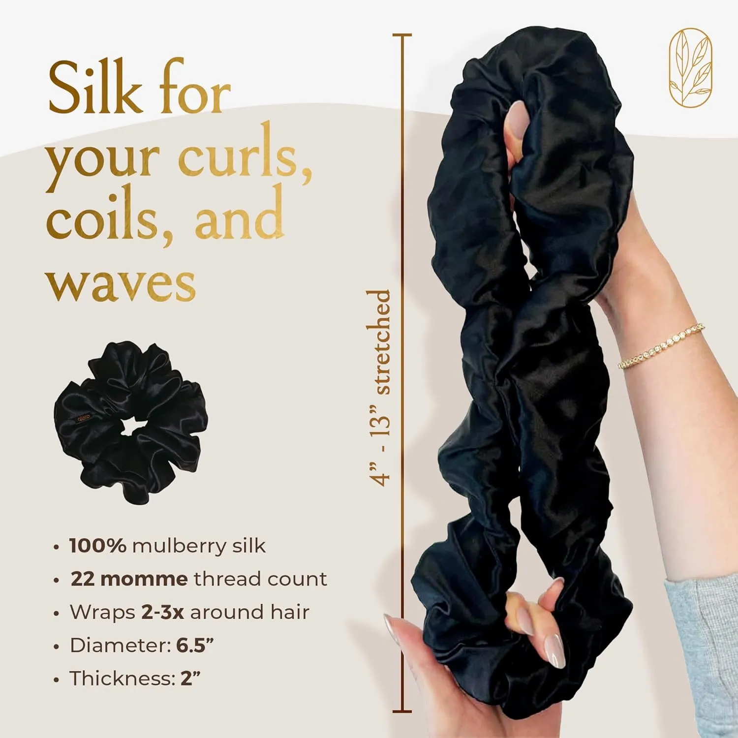 Scrunchies for Women, Extra Large Silk Scrunchies for Curly & Thick Hair, Silk Hair Ties No Damage Accessories, Ponytail Holders -Black, XL