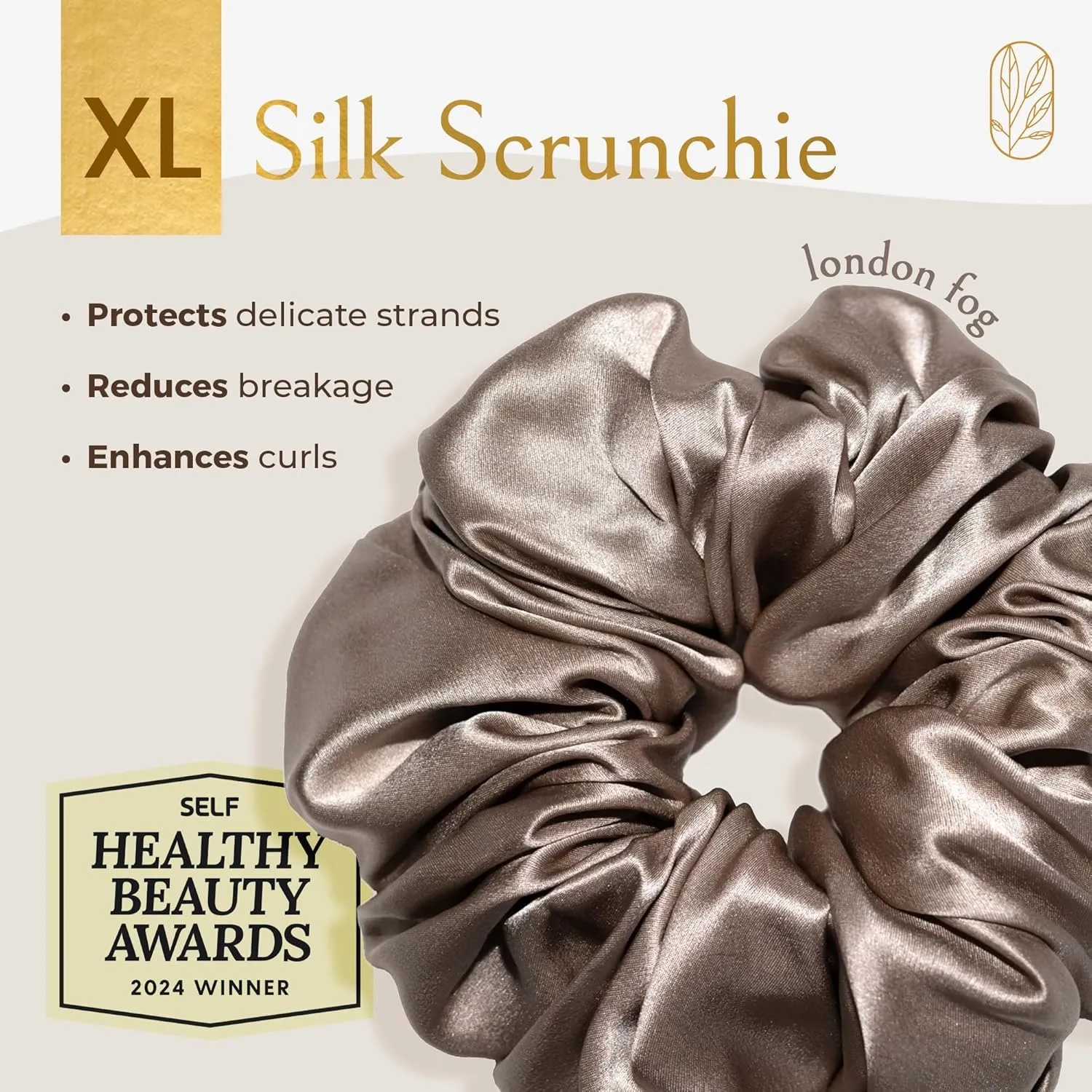 Scrunchies for Women, Extra Large Silk Scrunchies for Curly Hair, Silk Hair Ties No Damage, Hair Accessories for Thick Hair, Ponytail Holder -London Fog, XL