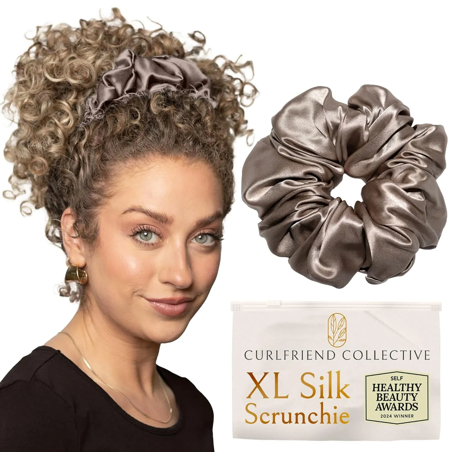 Scrunchies for Women, Extra Large Silk Scrunchies for Curly Hair, Silk Hair Ties No Damage, Hair Accessories for Thick Hair, Ponytail Holder -London Fog, XL